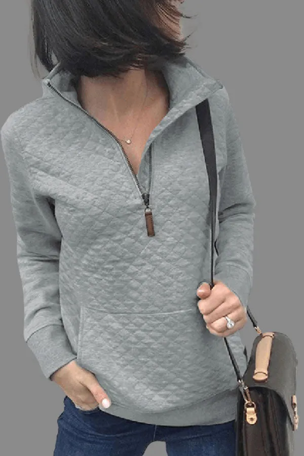 Dunnmall Fashion Solid Color Zipper Sweatshirt