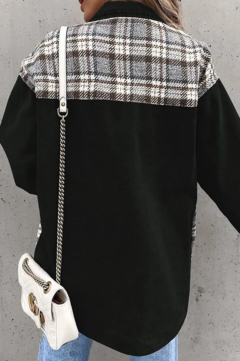 Dunnmall Street Plaid Striped Patchwork Pocket Turndown Collar Outerwear(6 Colors)