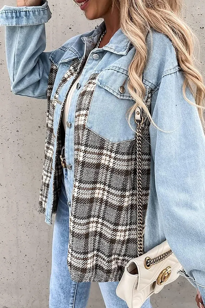 Dunnmall Street Plaid Striped Patchwork Pocket Turndown Collar Outerwear(6 Colors)