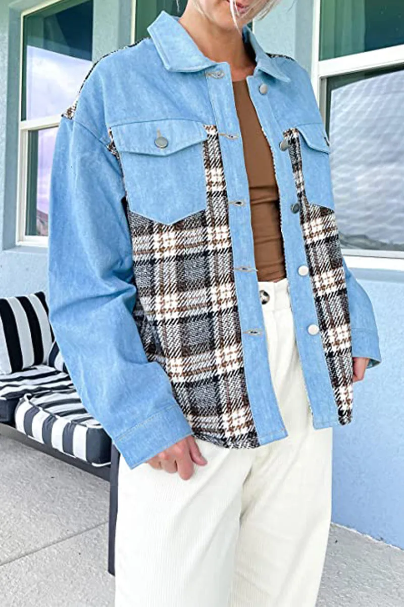 Dunnmall Street Plaid Striped Patchwork Pocket Turndown Collar Outerwear(6 Colors)