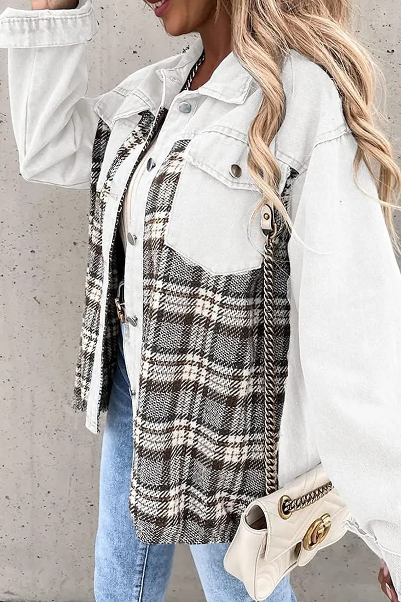 Dunnmall Street Plaid Striped Patchwork Pocket Turndown Collar Outerwear(6 Colors)