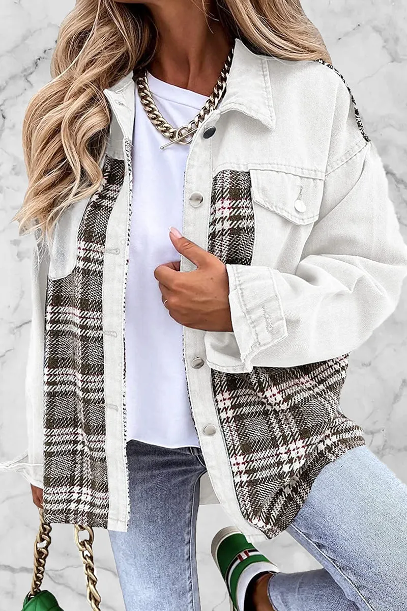 Dunnmall Street Plaid Striped Patchwork Pocket Turndown Collar Outerwear(6 Colors)