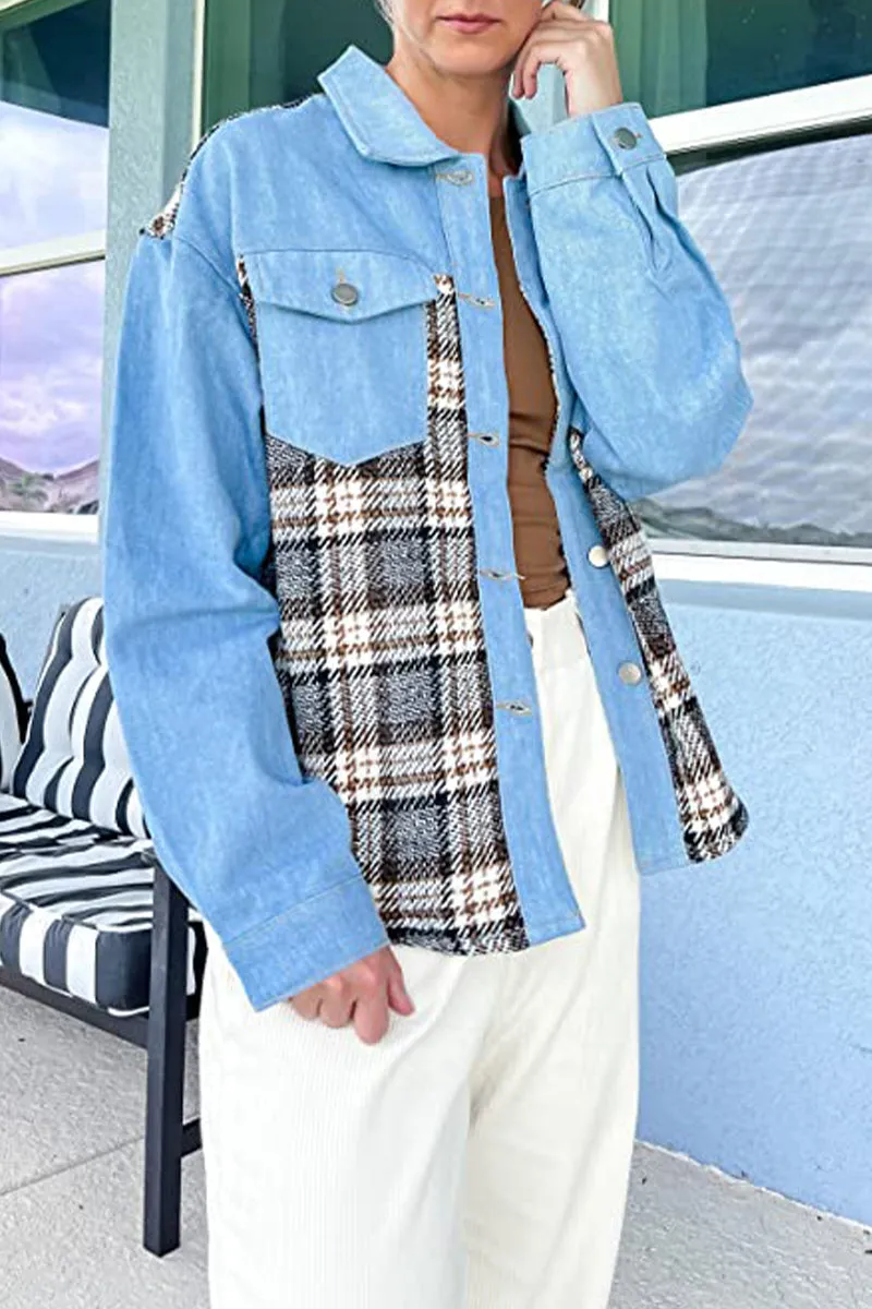 Dunnmall Street Plaid Striped Patchwork Pocket Turndown Collar Outerwear(6 Colors)