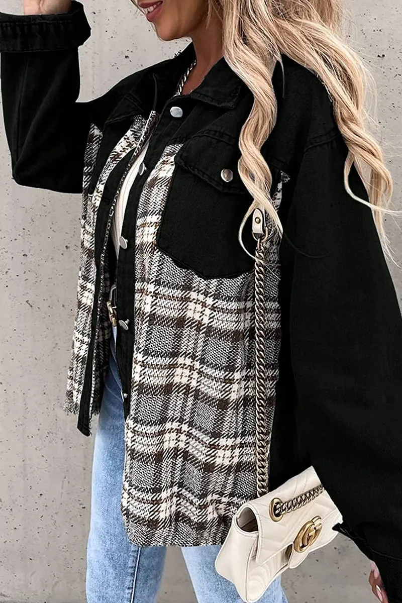 Dunnmall Street Plaid Striped Patchwork Pocket Turndown Collar Outerwear(6 Colors)