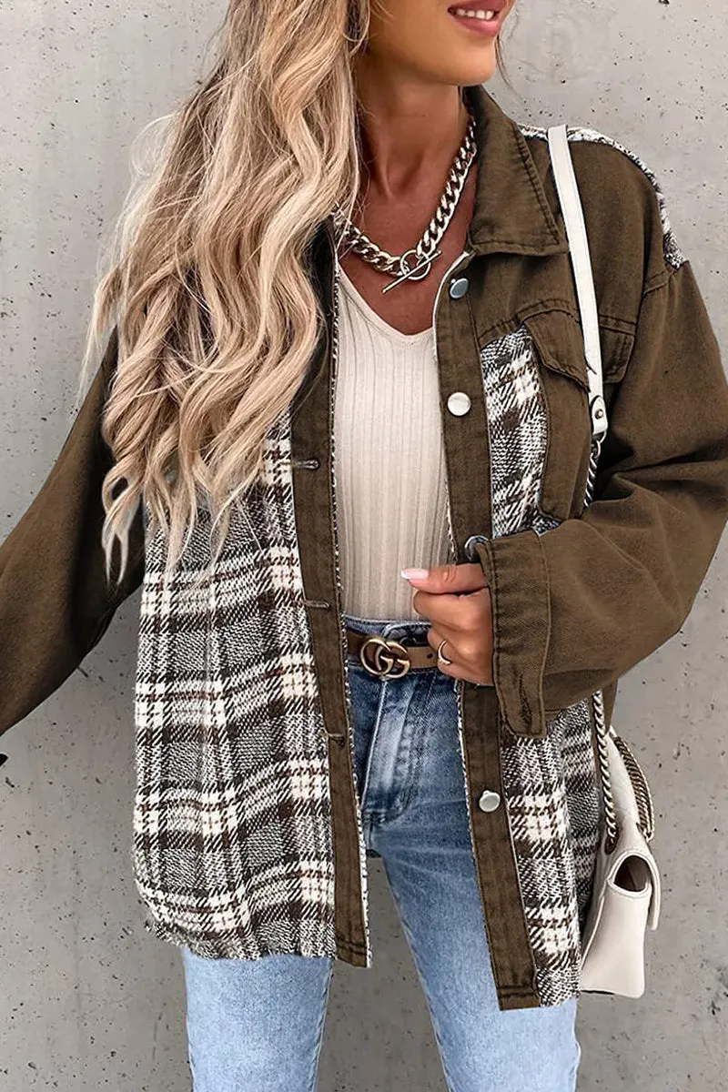 Dunnmall Street Plaid Striped Patchwork Pocket Turndown Collar Outerwear(6 Colors)