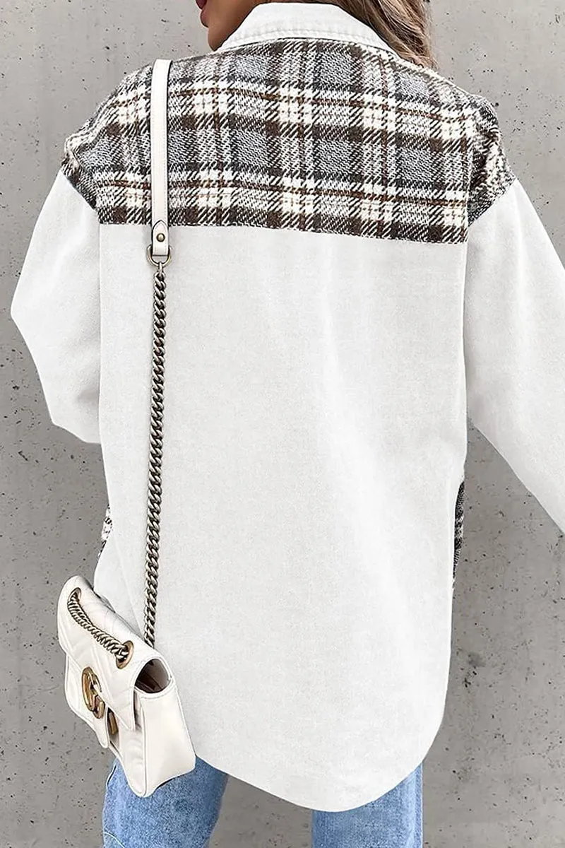 Dunnmall Street Plaid Striped Patchwork Pocket Turndown Collar Outerwear(6 Colors)