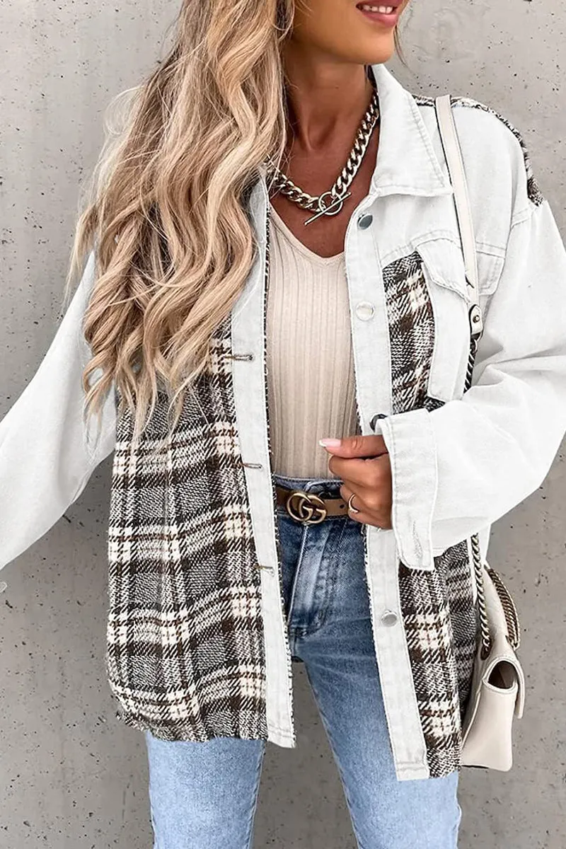 Dunnmall Street Plaid Striped Patchwork Pocket Turndown Collar Outerwear(6 Colors)