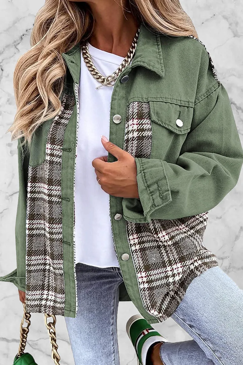 Dunnmall Street Plaid Striped Patchwork Pocket Turndown Collar Outerwear(6 Colors)