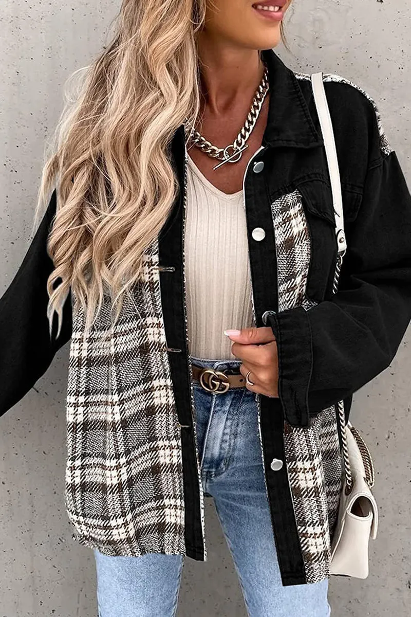 Dunnmall Street Plaid Striped Patchwork Pocket Turndown Collar Outerwear(6 Colors)