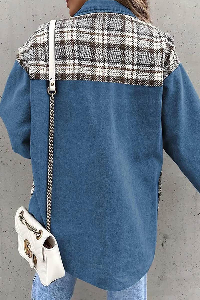 Dunnmall Street Plaid Striped Patchwork Pocket Turndown Collar Outerwear(6 Colors)