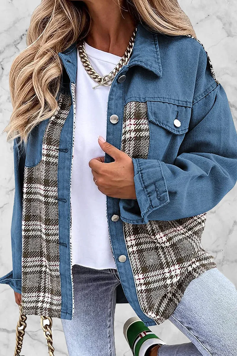 Dunnmall Street Plaid Striped Patchwork Pocket Turndown Collar Outerwear(6 Colors)