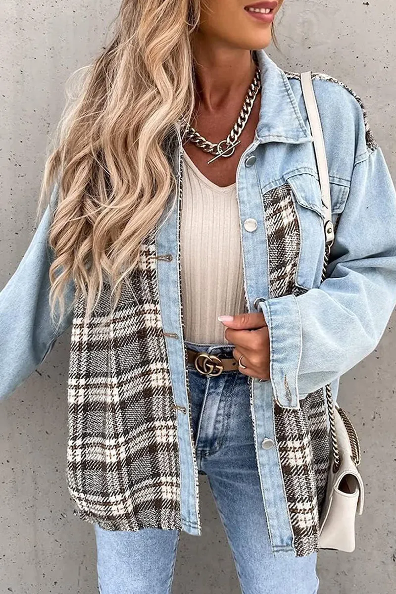 Dunnmall Street Plaid Striped Patchwork Pocket Turndown Collar Outerwear(6 Colors)