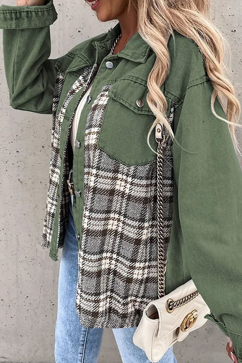 Dunnmall Street Plaid Striped Patchwork Pocket Turndown Collar Outerwear(6 Colors)