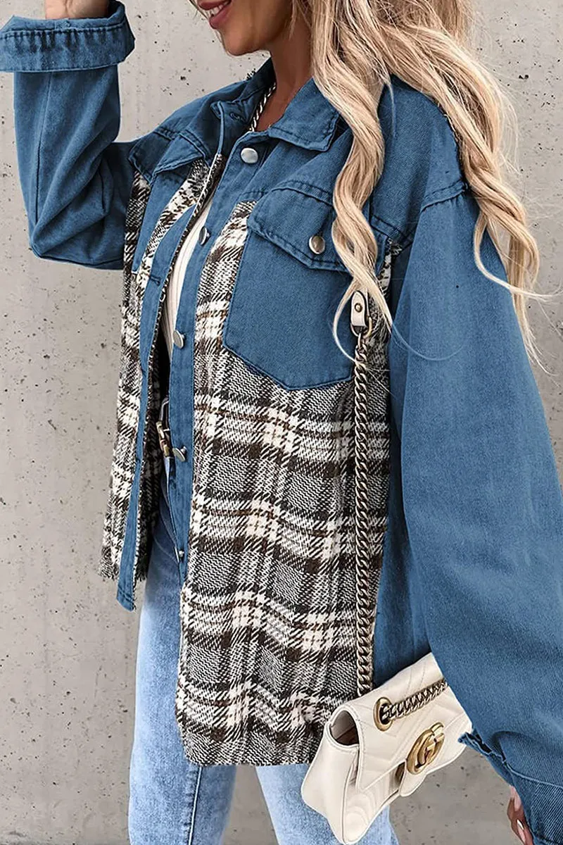 Dunnmall Street Plaid Striped Patchwork Pocket Turndown Collar Outerwear(6 Colors)