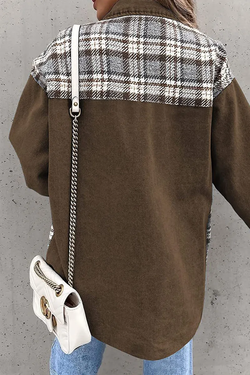 Dunnmall Street Plaid Striped Patchwork Pocket Turndown Collar Outerwear(6 Colors)