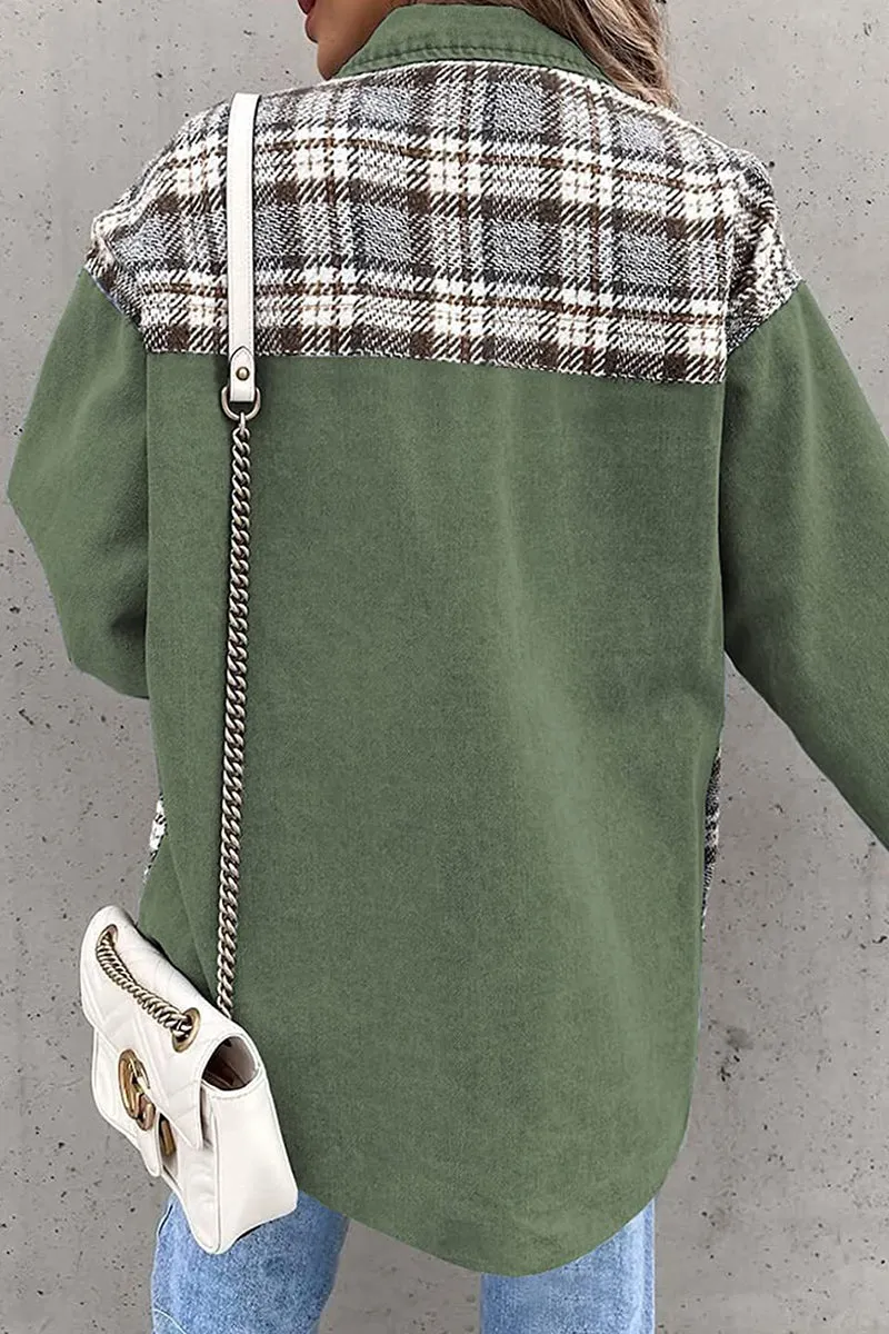 Dunnmall Street Plaid Striped Patchwork Pocket Turndown Collar Outerwear(6 Colors)