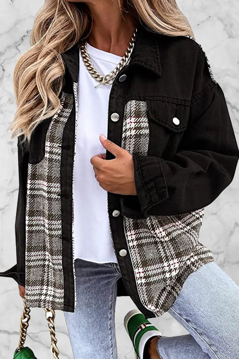 Dunnmall Street Plaid Striped Patchwork Pocket Turndown Collar Outerwear(6 Colors)