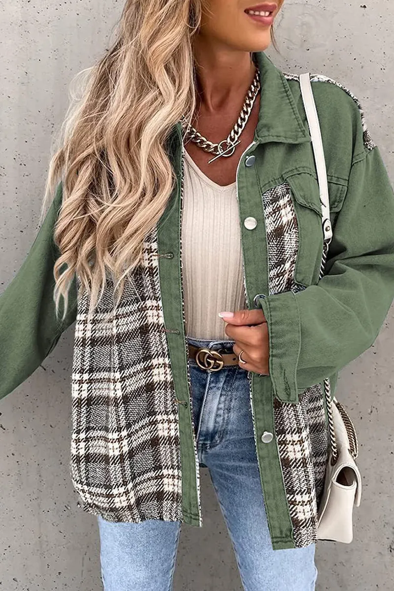 Dunnmall Street Plaid Striped Patchwork Pocket Turndown Collar Outerwear(6 Colors)