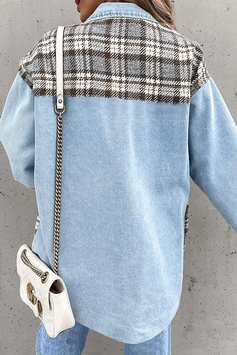 Dunnmall Street Plaid Striped Patchwork Pocket Turndown Collar Outerwear(6 Colors)
