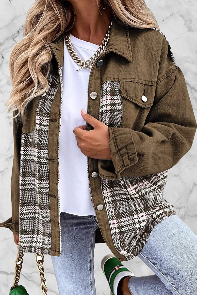 Dunnmall Street Plaid Striped Patchwork Pocket Turndown Collar Outerwear(6 Colors)