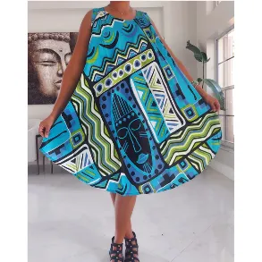 Ethnic Tribal Print Umbrella Beach Dress Long Kaftan Loungewear Duster
