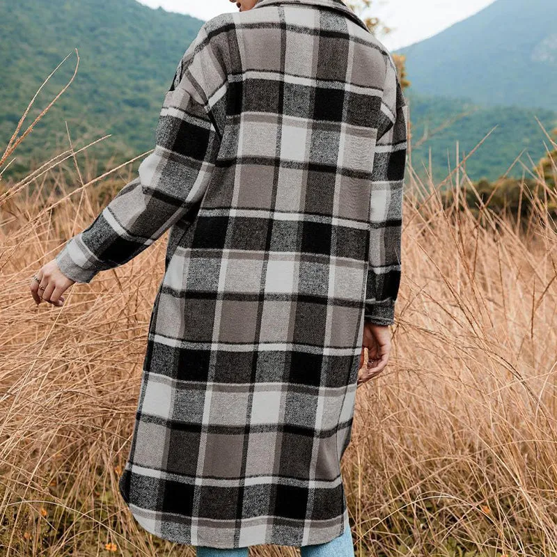 🍂Fall Specials🍂Women's Plaid Print Long Sleeve Warm Tweed Coat