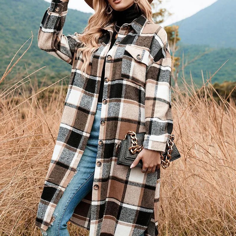 🍂Fall Specials🍂Women's Plaid Print Long Sleeve Warm Tweed Coat