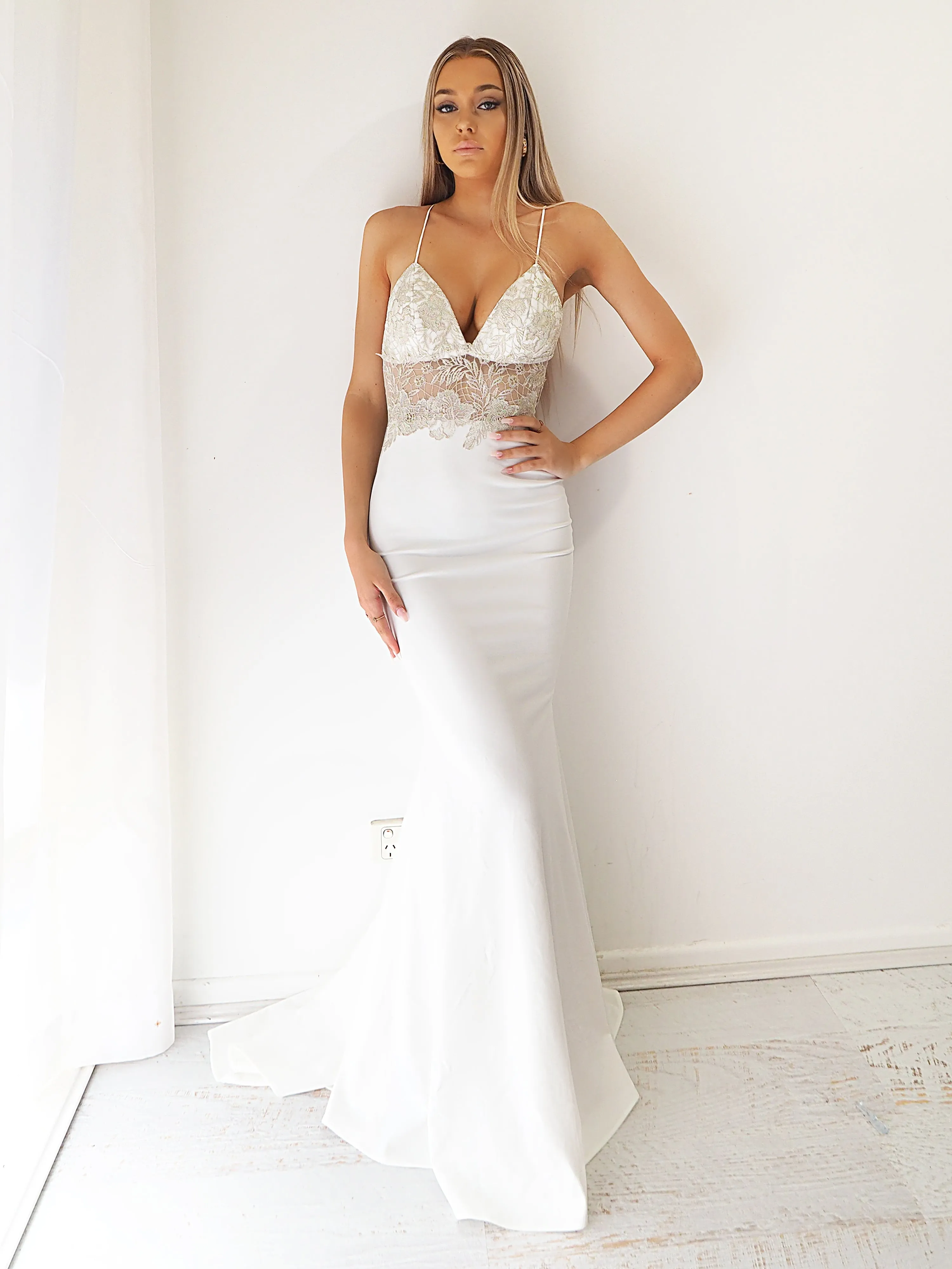 Gold lace white mermaid dress