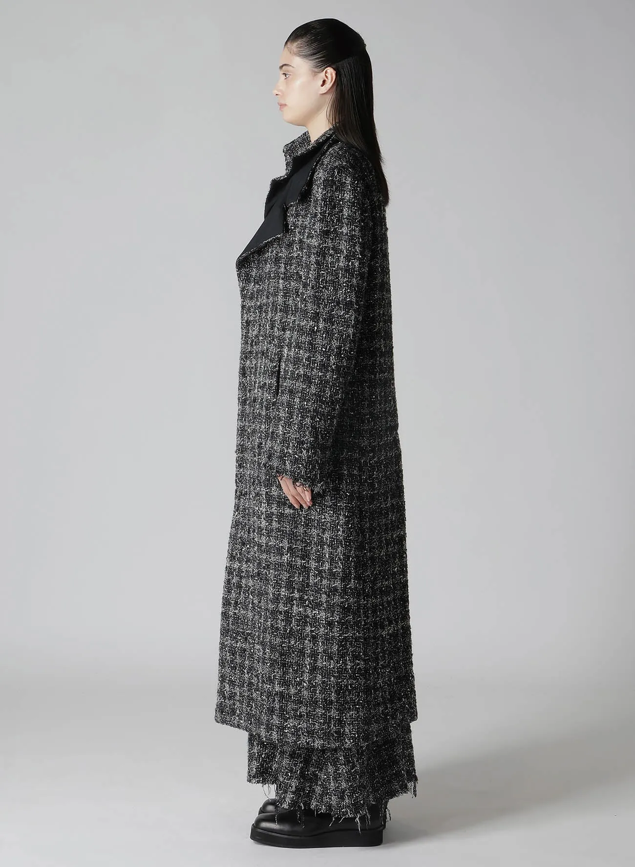GREY HOUNDSTOOTH R DOUBLE LAYERED LONG COAT