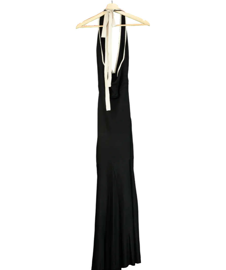 Karen Millen Black Slinky Knit Contrast Piping Halter Neck Maxi Dress UK S
