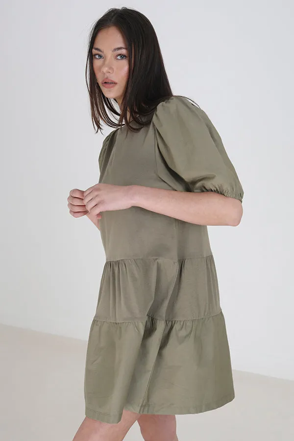 KHAKI CREW NECK PUFF SLEEVE SMOCK DRESS