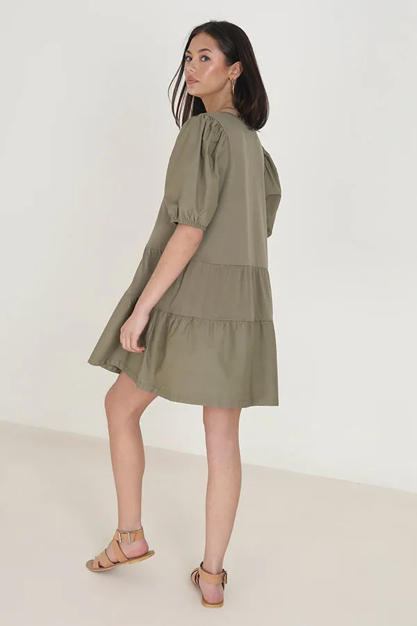 KHAKI CREW NECK PUFF SLEEVE SMOCK DRESS