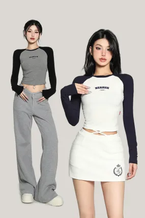 Kila Vintage Contrast Color Long Sleeve Slim Cropped Top
