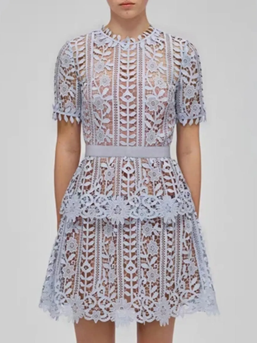 Light blue flowers lace mini dress