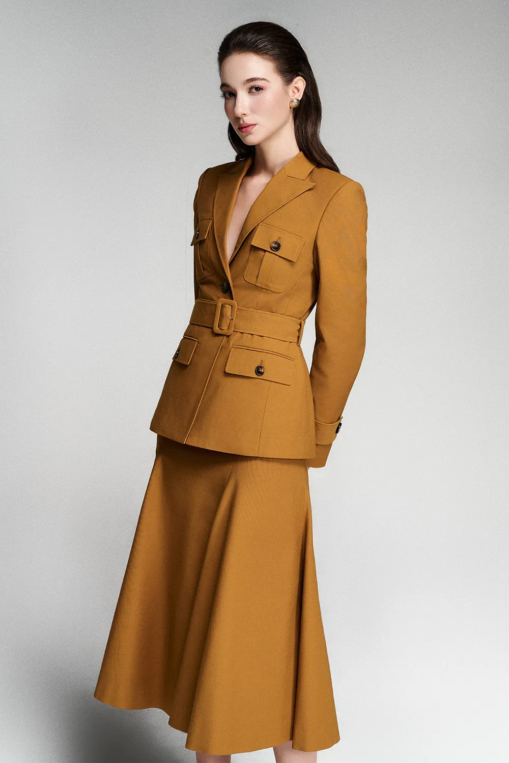Linnea Hourglass Peak Lapel Khaki Coat