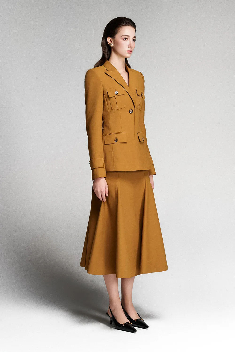 Linnea Hourglass Peak Lapel Khaki Coat