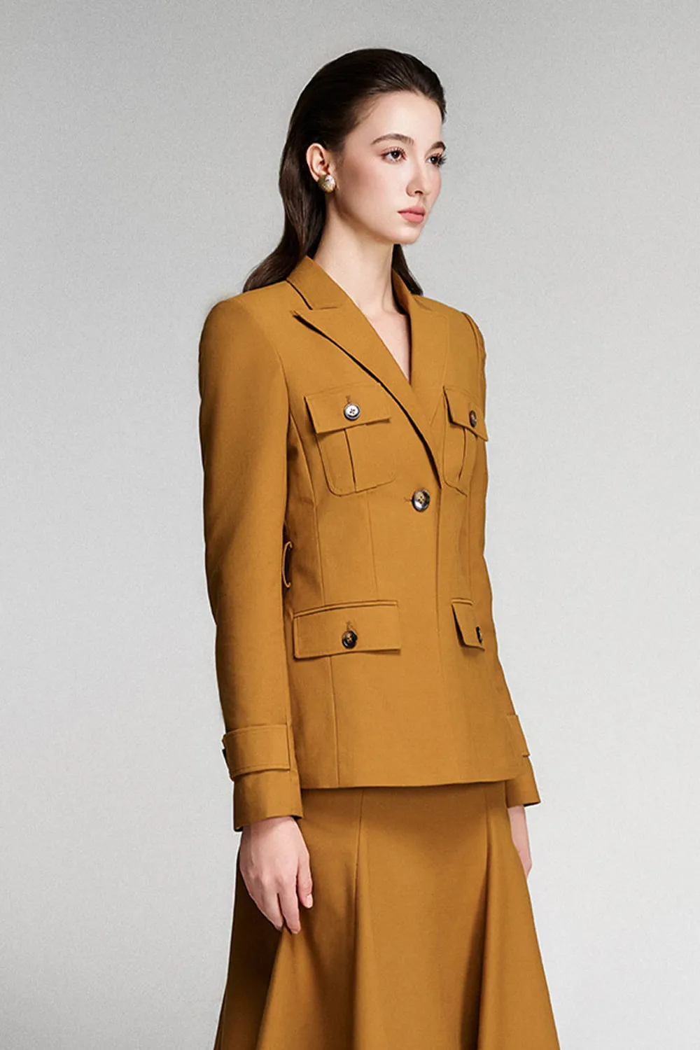 Linnea Hourglass Peak Lapel Khaki Coat