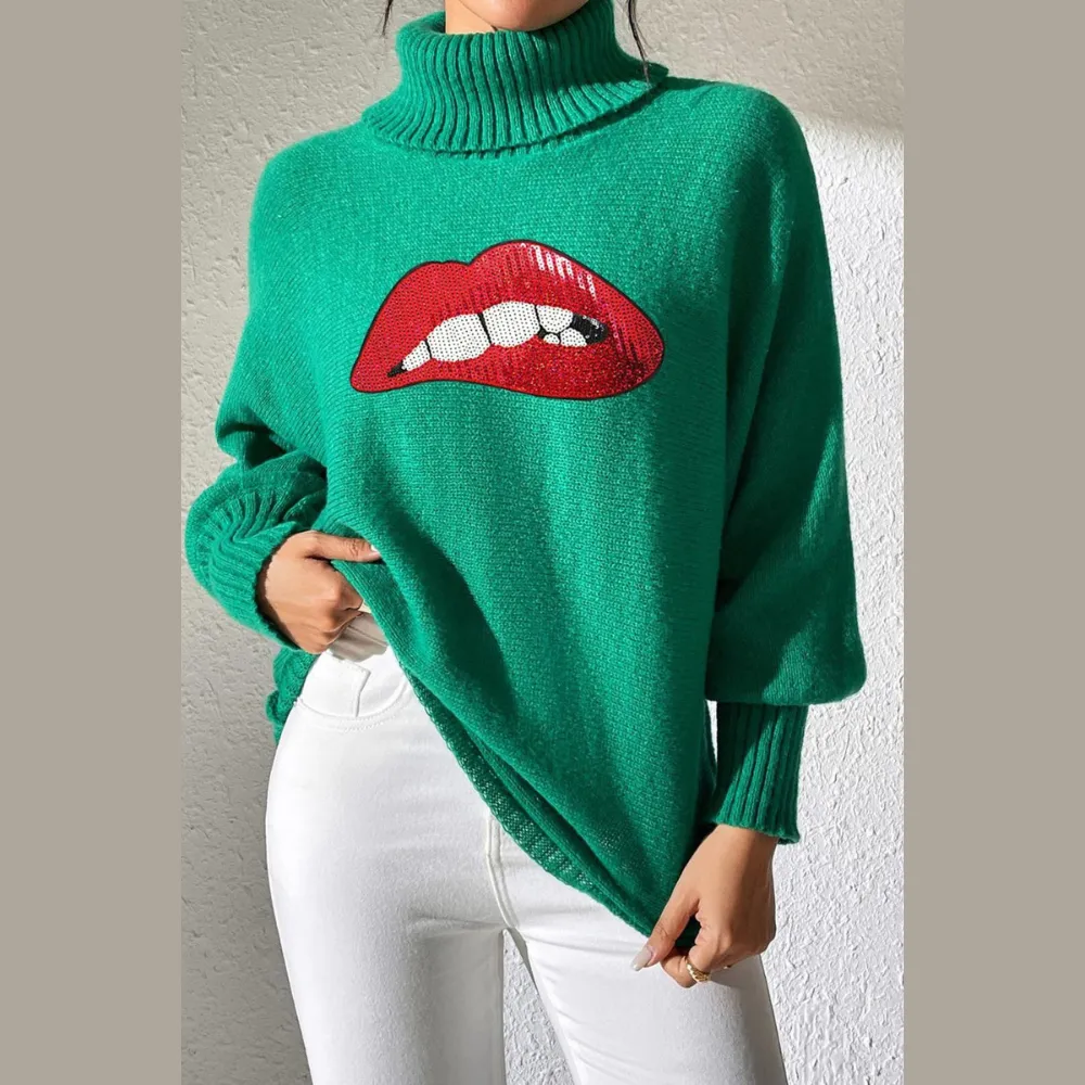 Lip Turtleneck Long Sleeve Sweater