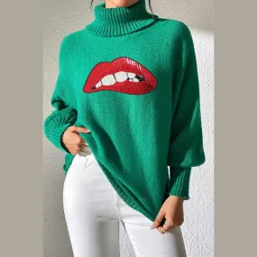 Lip Turtleneck Long Sleeve Sweater