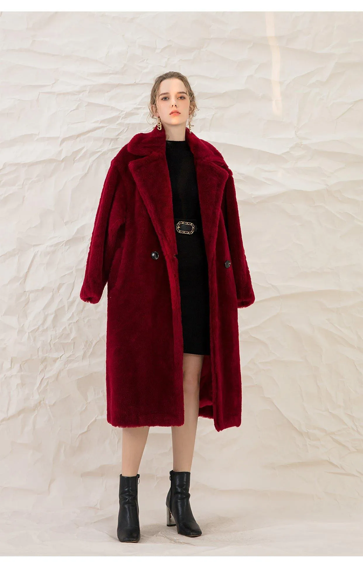 Luxe Autumn winter wine red thick pure wool coat lapel velvet coat- Teddy