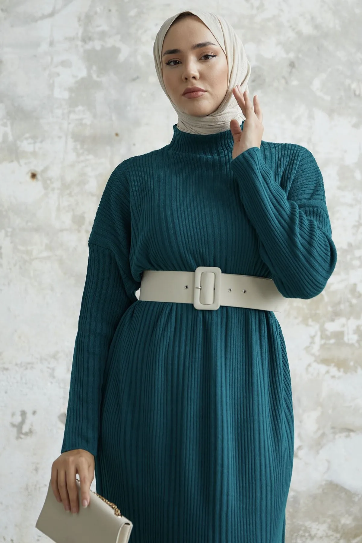 MDS Women Arissa Fisherman Collar Long Knit Dress - Petrol Green - Cascais