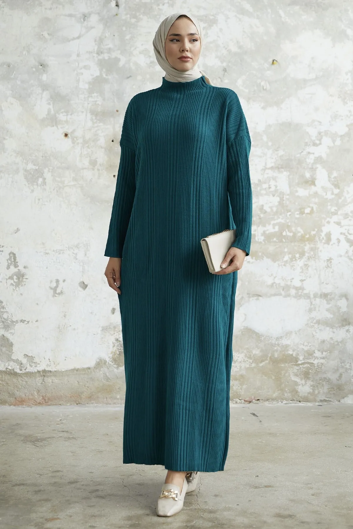 MDS Women Arissa Fisherman Collar Long Knit Dress - Petrol Green - Cascais