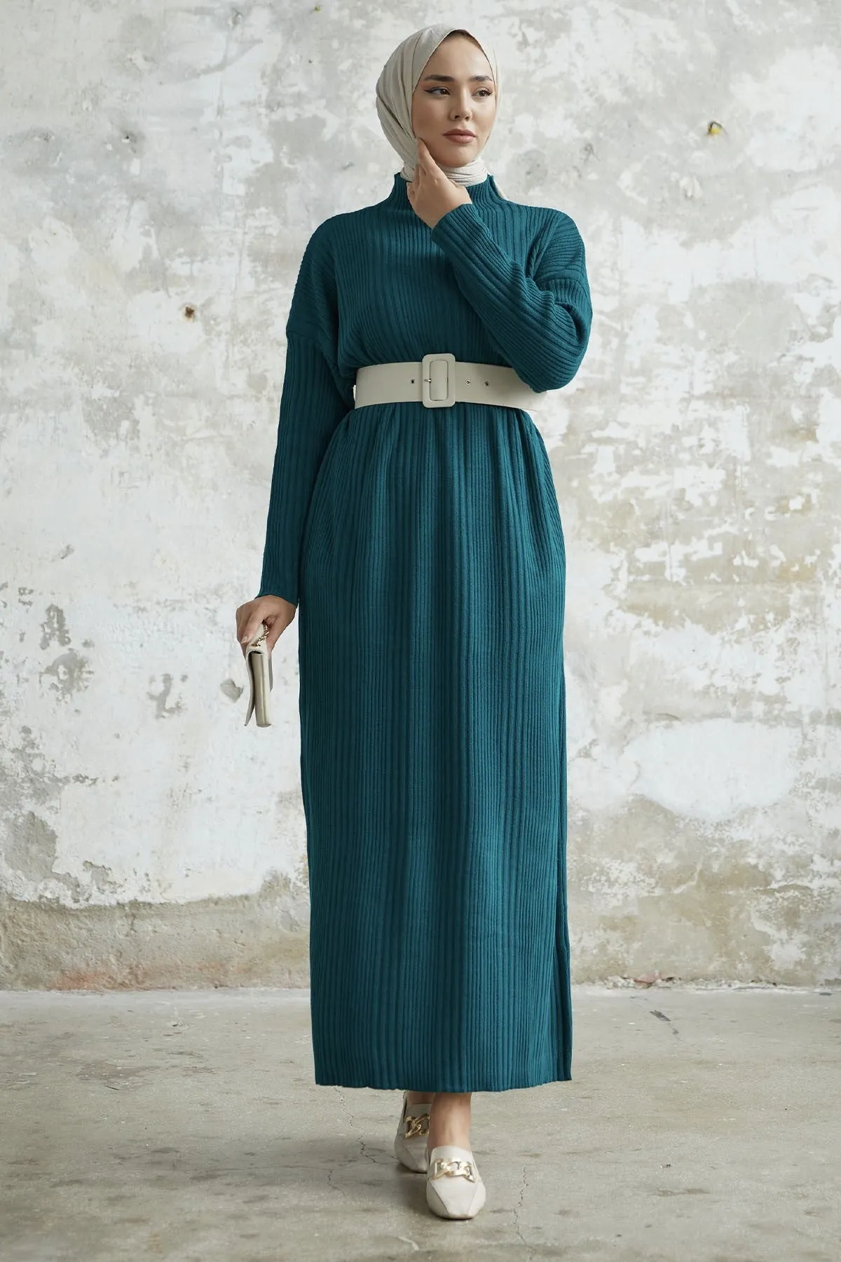 MDS Women Arissa Fisherman Collar Long Knit Dress - Petrol Green - Cascais