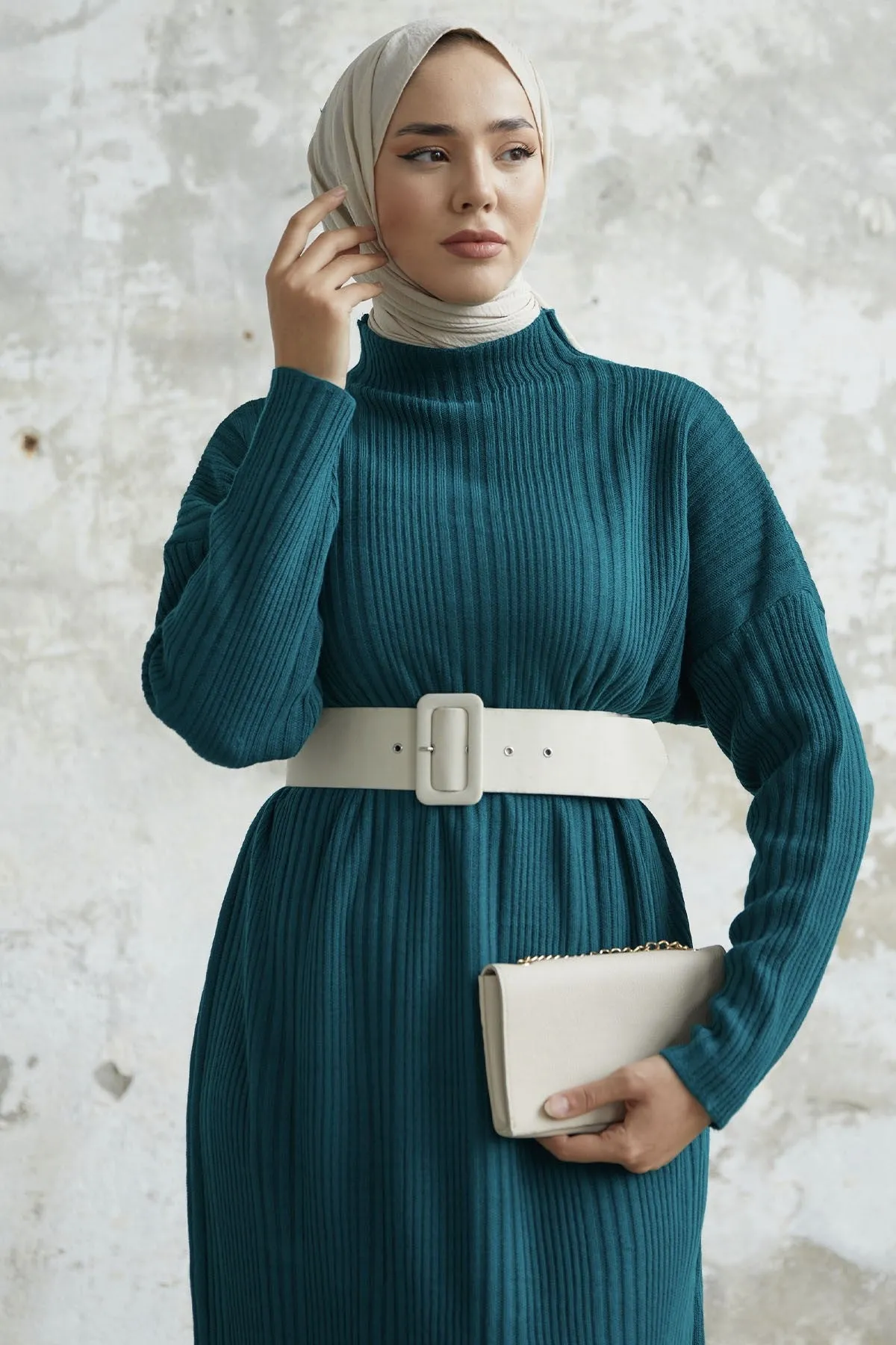 MDS Women Arissa Fisherman Collar Long Knit Dress - Petrol Green - Cascais