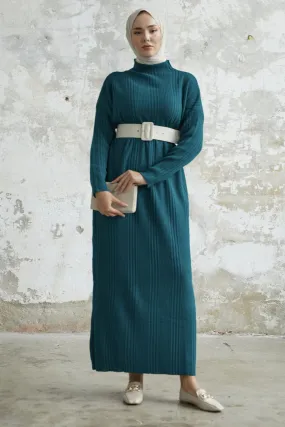 MDS Women Arissa Fisherman Collar Long Knit Dress - Petrol Green - Cascais