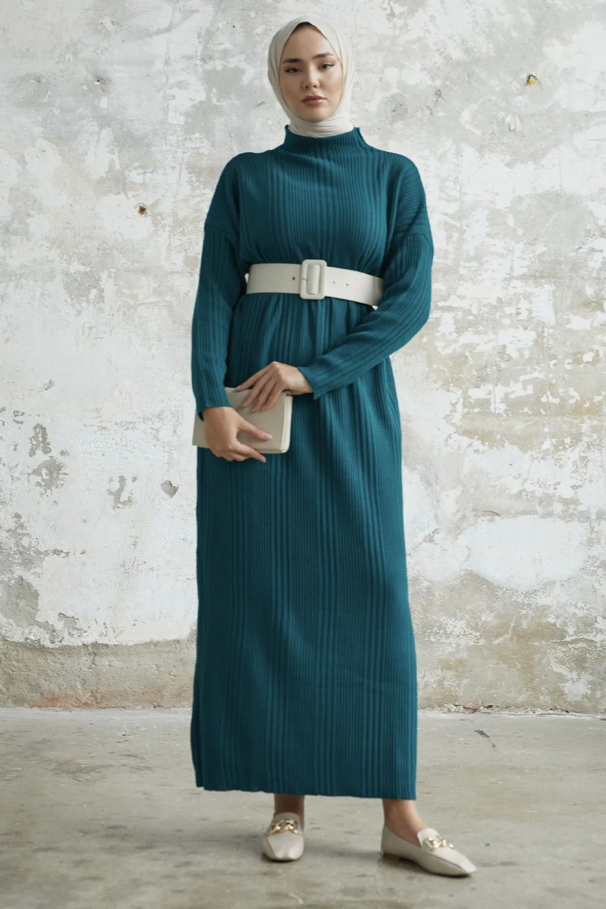MDS Women Arissa Fisherman Collar Long Knit Dress - Petrol Green - Cascais