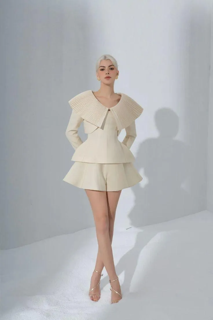 Milky beige sophisticated elegant Round Neck short cropped Coat   Shorts   Top three pieces set  - Yus