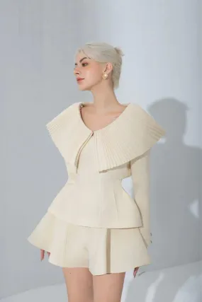 Milky beige sophisticated elegant Round Neck short cropped Coat   Shorts   Top three pieces set  - Yus