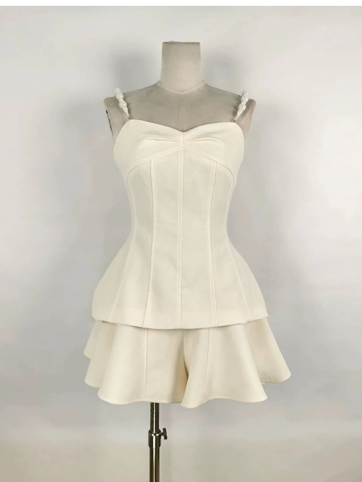 Milky beige sophisticated elegant Round Neck short cropped Coat   Shorts   Top three pieces set  - Yus