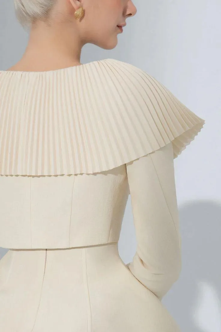 Milky beige sophisticated elegant Round Neck short cropped Coat   Shorts   Top three pieces set  - Yus
